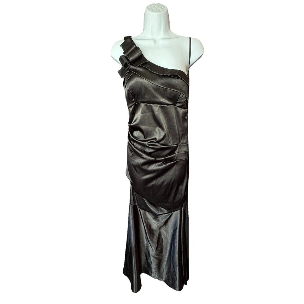 Betsy & Adam Black Satin One Shoulder Evening Gown Dress Size 8 Ruched Mermaid - Picture 2 of 6